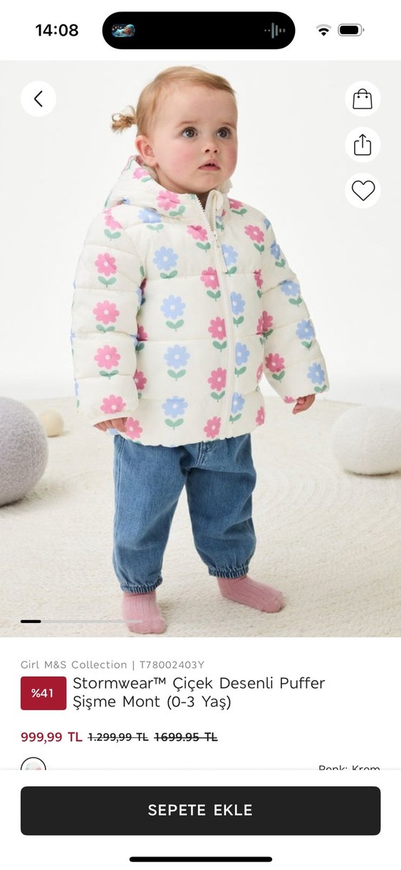 Marks and Spencer Kız Çocuk Çiçek Desenli Kapüşonlu Mont - Görsel 5