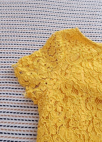 38 Beden sarı Renk Sarı Dantel Detaylı Triko Elbise
