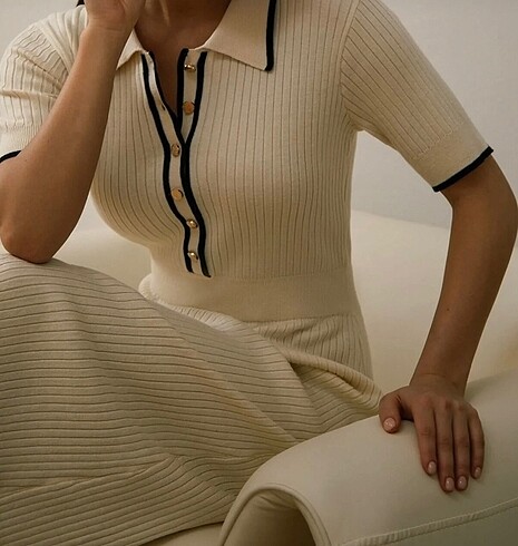 Zara Ekru midi boy triko elbise