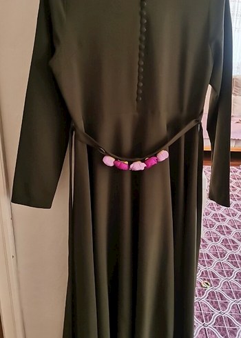 Kadın Haki Renk Hakim Yaka Düğmeli Uzun Elbise - Görsel 3