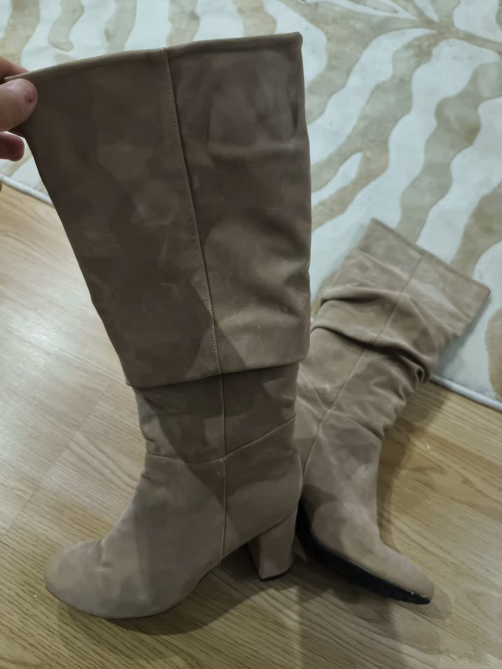 Bej Süet Topuklu Kadın Diz Boyu Çizme - Görsel 2