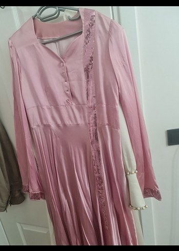 Pembe Uzun V Yaka Kadın Elbise