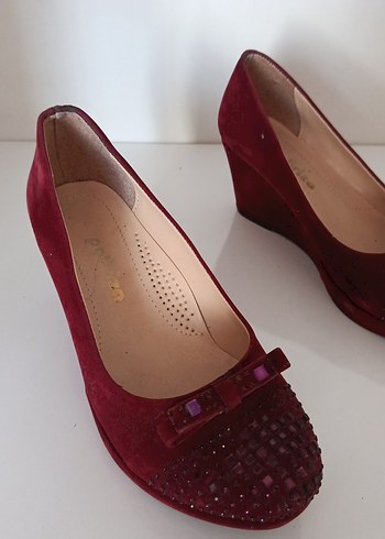 Bordo Süet Dolgu Topuklu Kadın Babet - Görsel 5