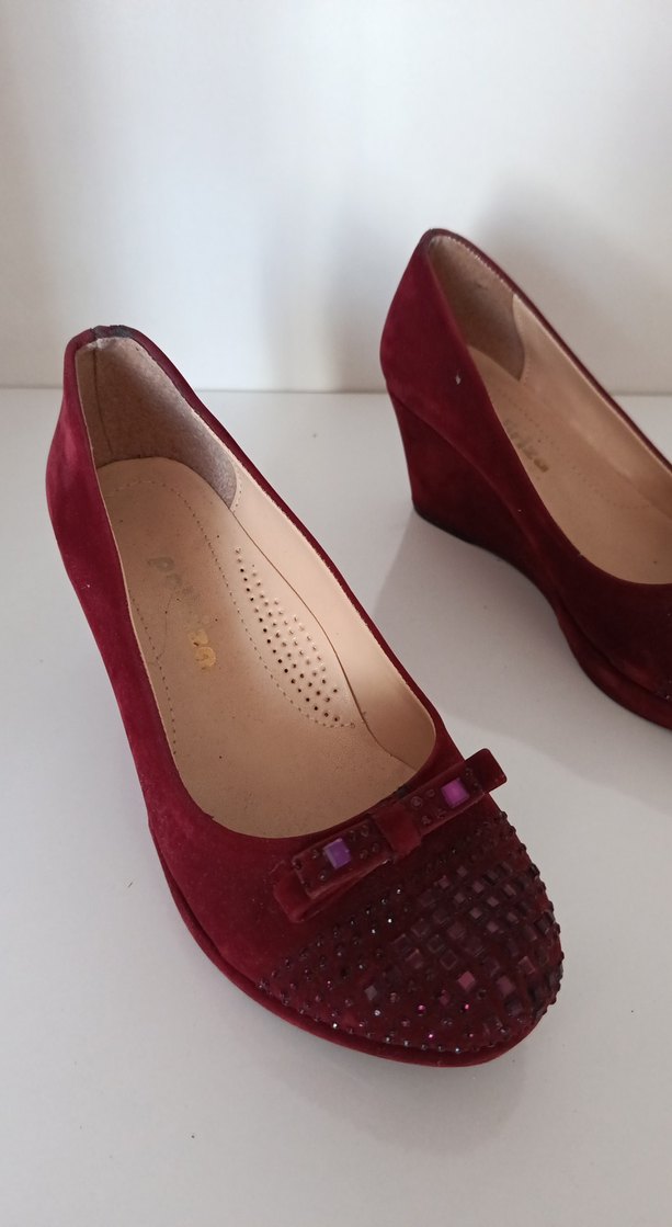 Bordo Süet Dolgu Topuklu Kadın Babet - Görsel 5