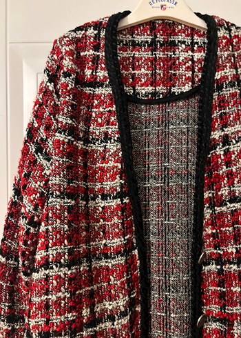 Düğmeli Kırmızı Desenli Midi Kadın Ceket - Görsel 4