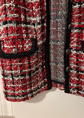 Düğmeli Kırmızı Desenli Midi Kadın Ceket - Görsel 5