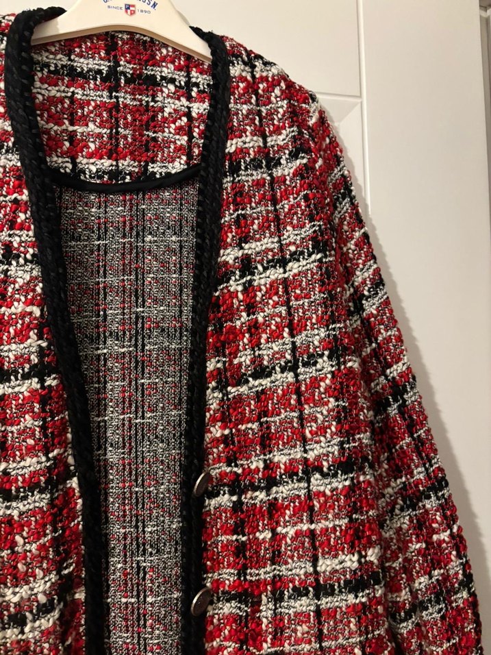 Düğmeli Kırmızı Desenli Midi Kadın Ceket - Görsel 3