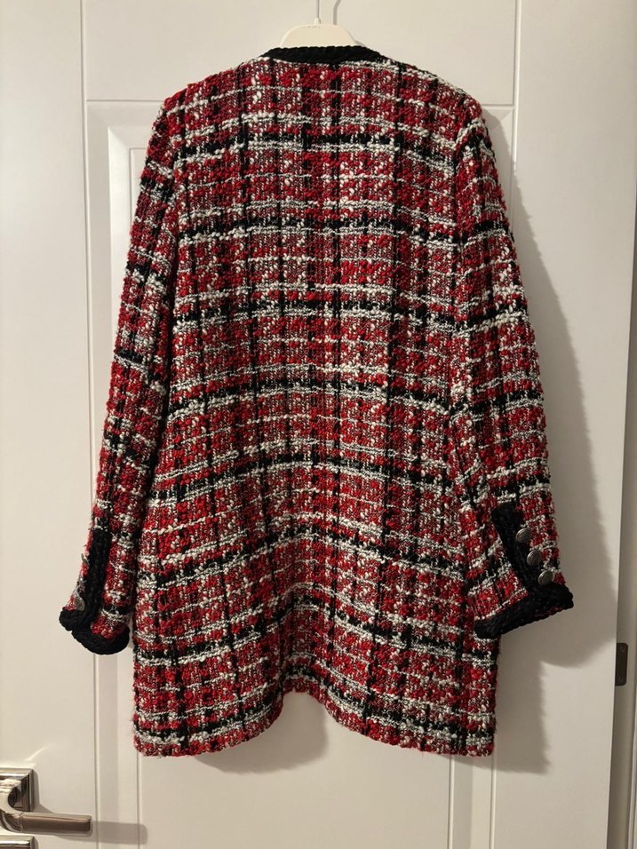 Düğmeli Kırmızı Desenli Midi Kadın Ceket - Görsel 2