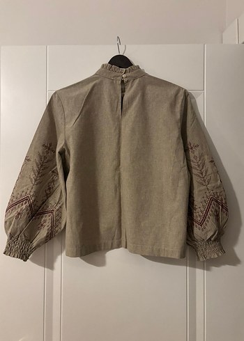 Nakışlı Bej Keten Bohem Bluz - Görsel 2
