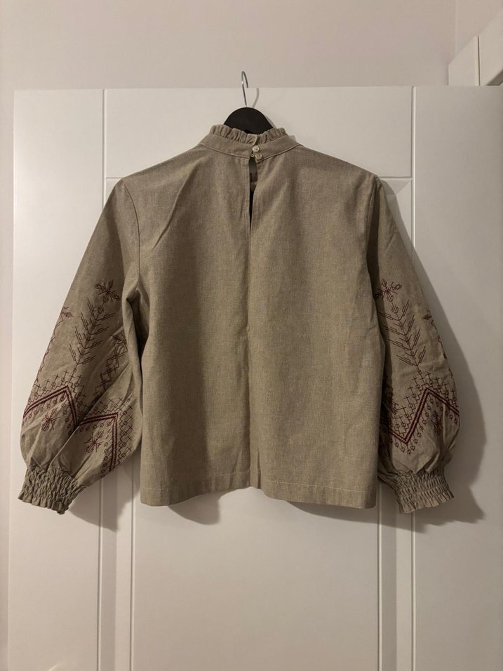 Nakışlı Bej Keten Bohem Bluz - Görsel 2