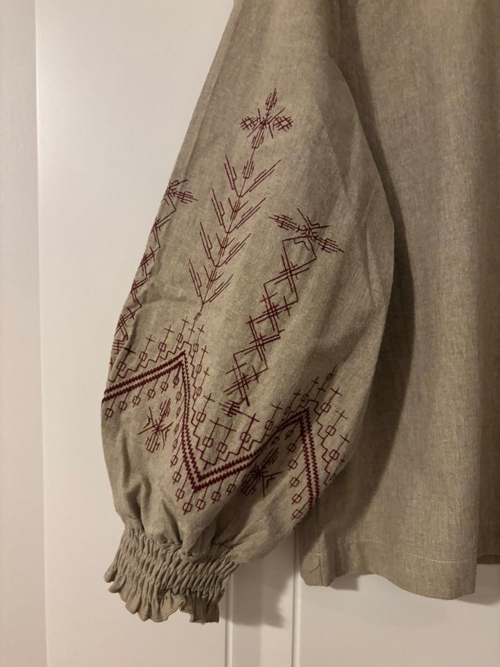 Nakışlı Bej Keten Bohem Bluz - Görsel 4