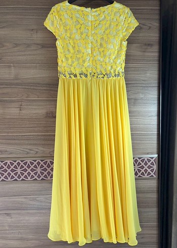 Sarı Nakışlı Kemerli Uzun Abiye Elbise - Görsel 4
