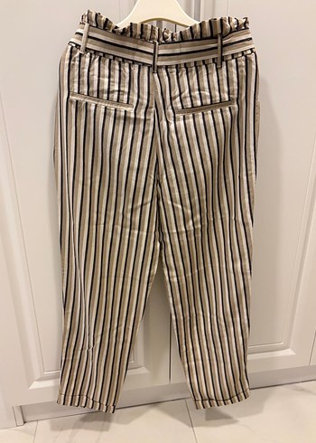 Bej Çizgili Keten Kadın Pantolon - Görsel 2