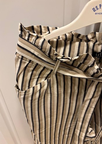 Bej Çizgili Keten Kadın Pantolon - Görsel 5