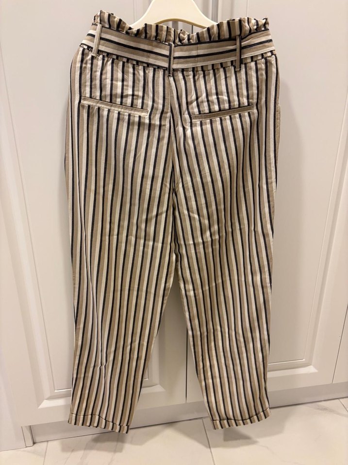 Bej Çizgili Keten Kadın Pantolon - Görsel 2