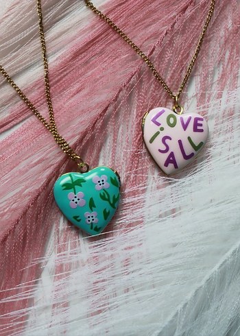 Pastel Turkuaz Çiçekli Mini Bohem Kalp Kolye - Görsel 3