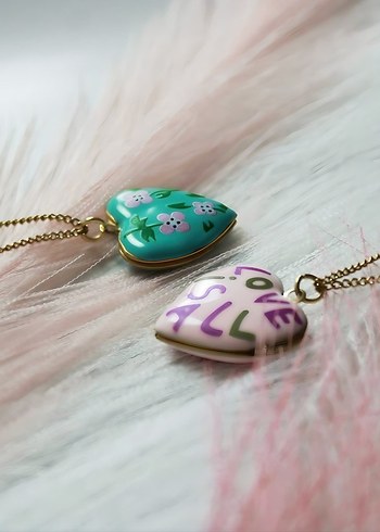Pastel Turkuaz Çiçekli Mini Bohem Kalp Kolye - Görsel 2