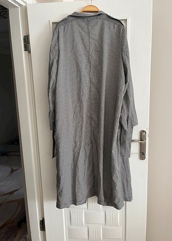 Gri Uzun Keten Trençkot - Görsel 5