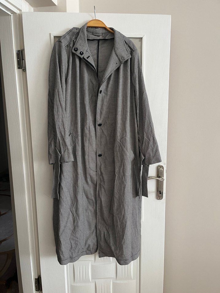 Gri Uzun Keten Trençkot - Görsel 2