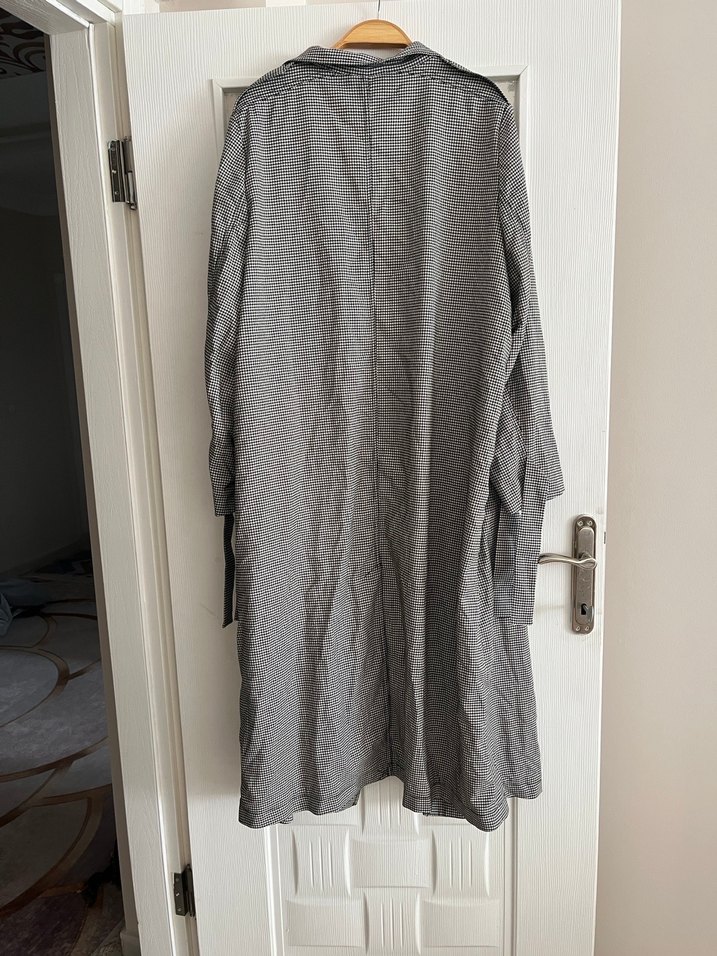 Gri Uzun Keten Trençkot - Görsel 5