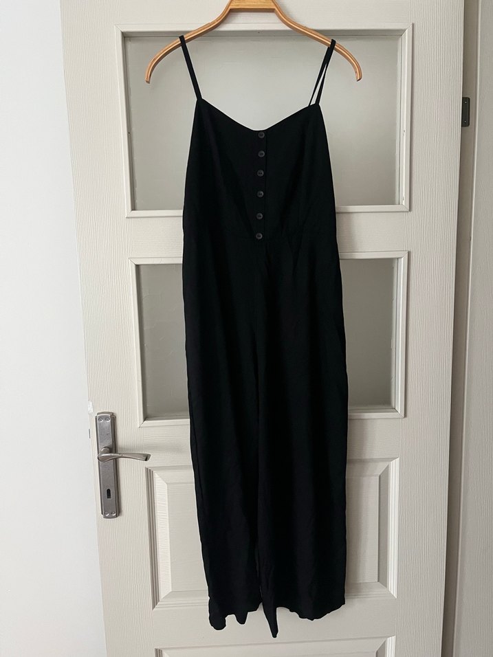 Siyah Düğmeli Keten Uzun Tulum - Görsel 2