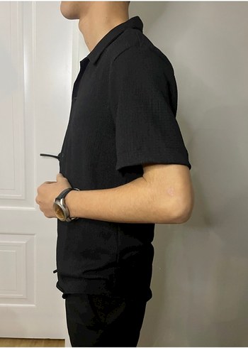 Siyah Kısa Kollu Keten Erkek Gömlek - Görsel 3