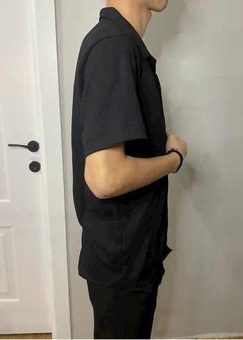 Siyah Kısa Kollu Keten Erkek Gömlek - Görsel 4