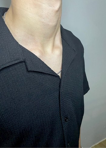 Siyah Kısa Kollu Keten Erkek Gömlek - Görsel 5