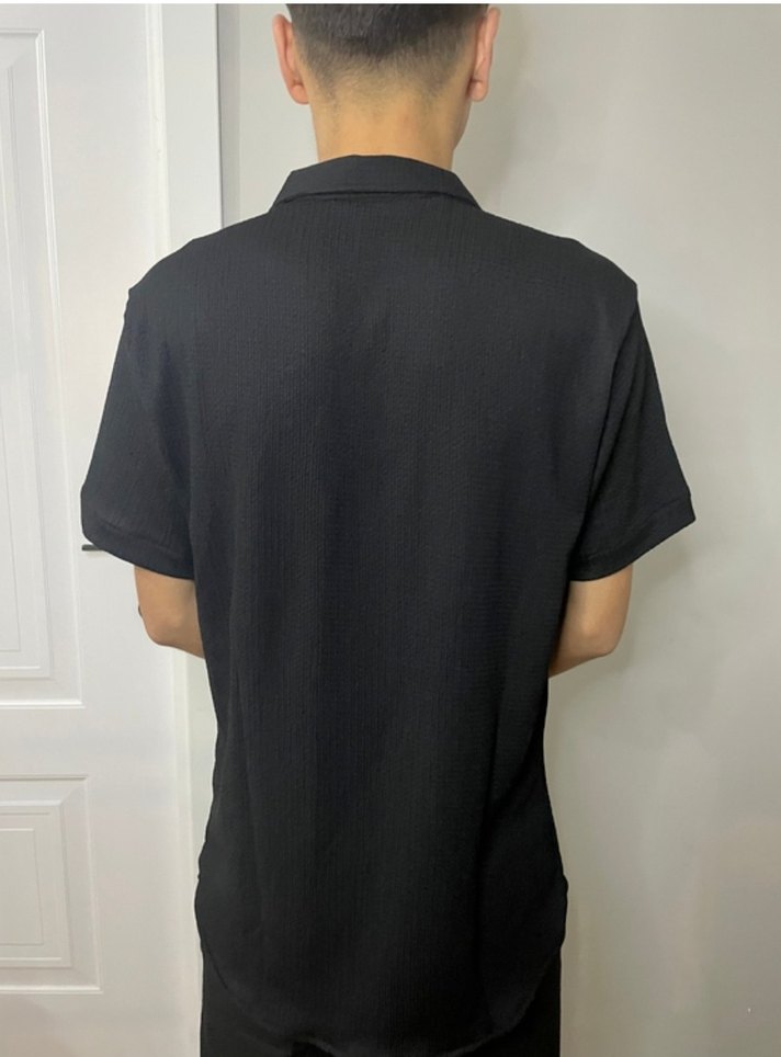 Siyah Kısa Kollu Keten Erkek Gömlek - Görsel 2