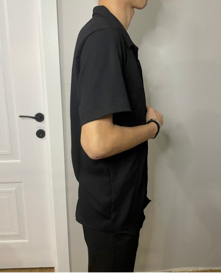 Siyah Kısa Kollu Keten Erkek Gömlek - Görsel 4