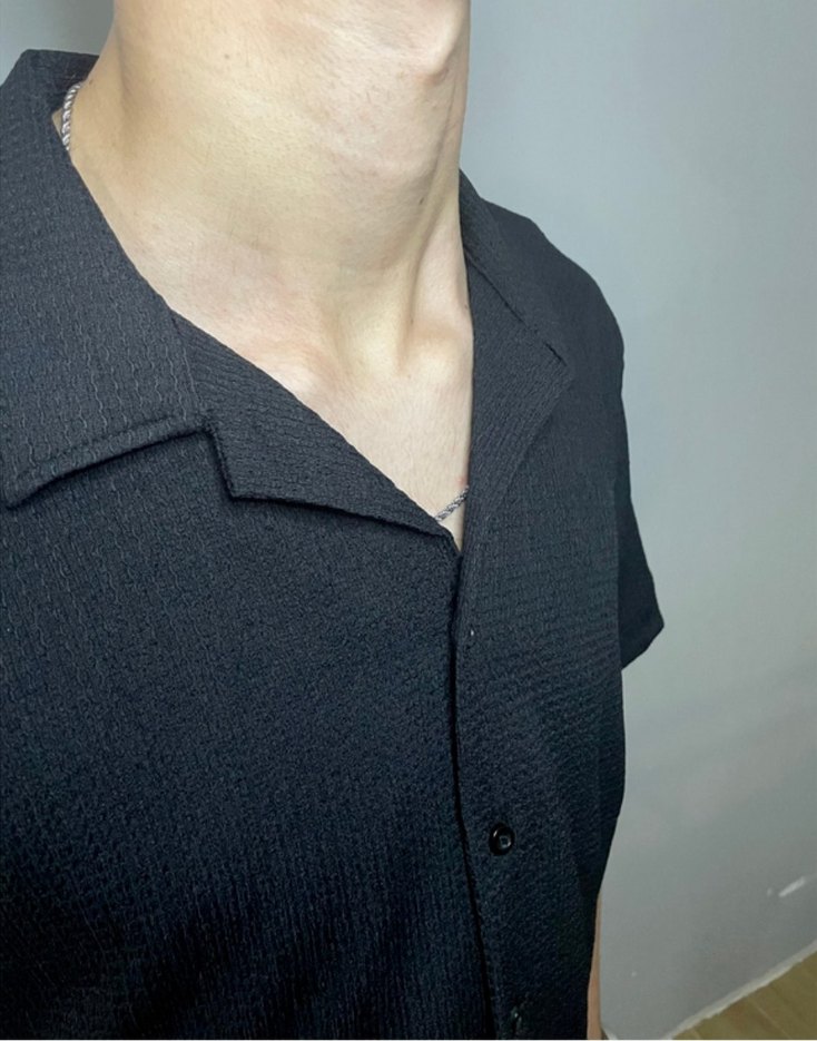 Siyah Kısa Kollu Keten Erkek Gömlek - Görsel 5