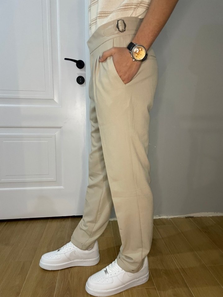 Bej, Kuşaklı Erkek Keten Pantolon - Görsel 3