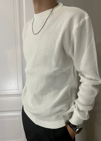 Erkek Beyaz Yuvarlak Yaka Örgü Kazak - Görsel 3