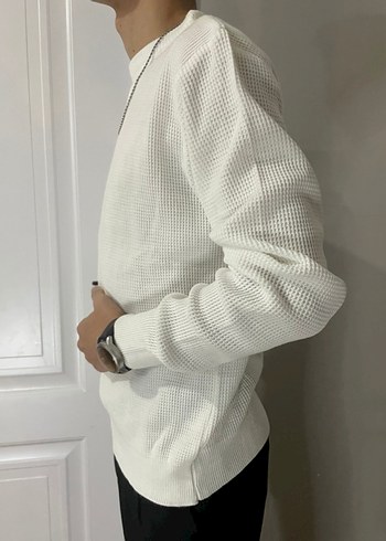 Erkek Beyaz Yuvarlak Yaka Örgü Kazak - Görsel 4