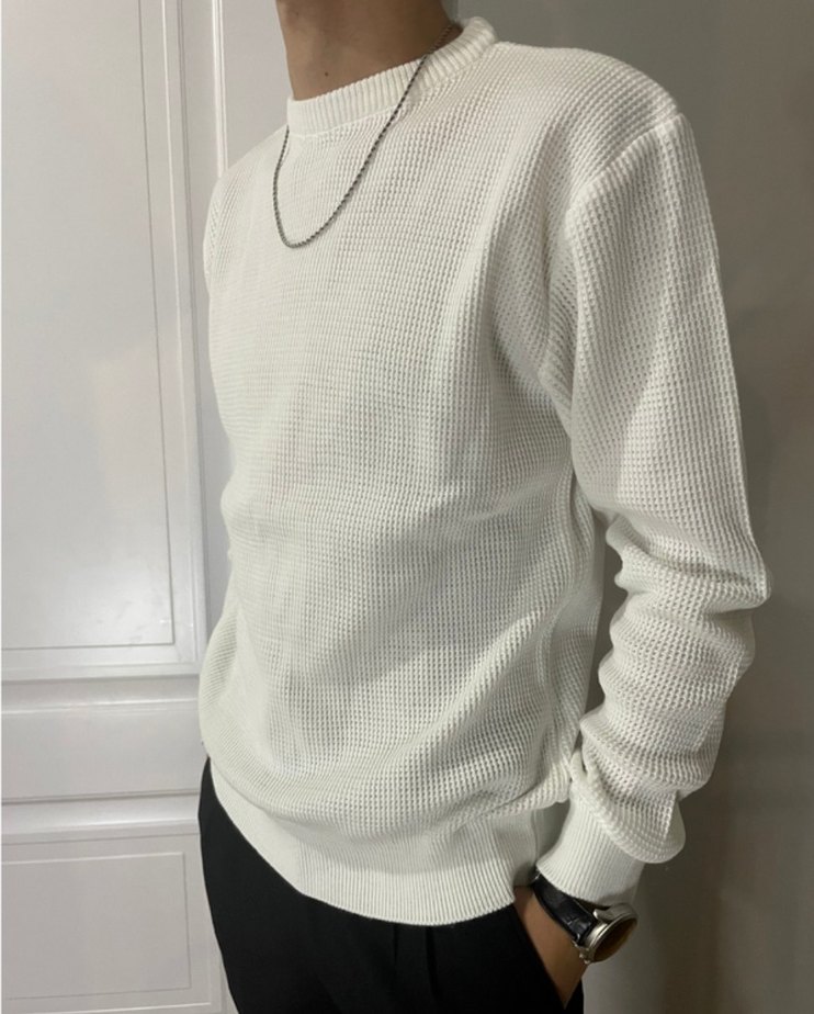 Erkek Beyaz Yuvarlak Yaka Örgü Kazak - Görsel 3