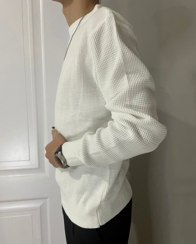 Erkek Beyaz Yuvarlak Yaka Örgü Kazak - Görsel 4