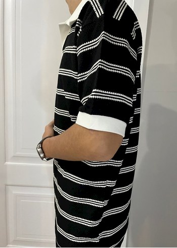 Erkek Siyah Beyaz Çizgili Polo Tişört - Görsel 4