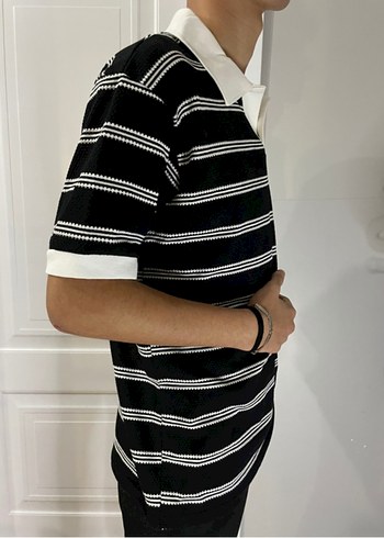 Erkek Siyah Beyaz Çizgili Polo Tişört - Görsel 5