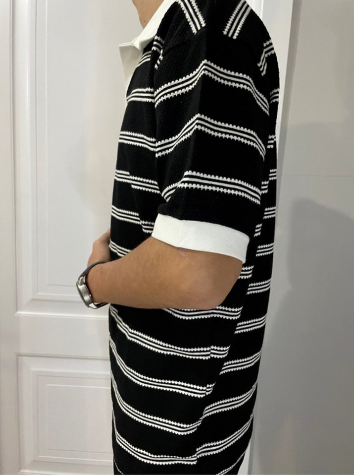 Erkek Siyah Beyaz Çizgili Polo Tişört - Görsel 4