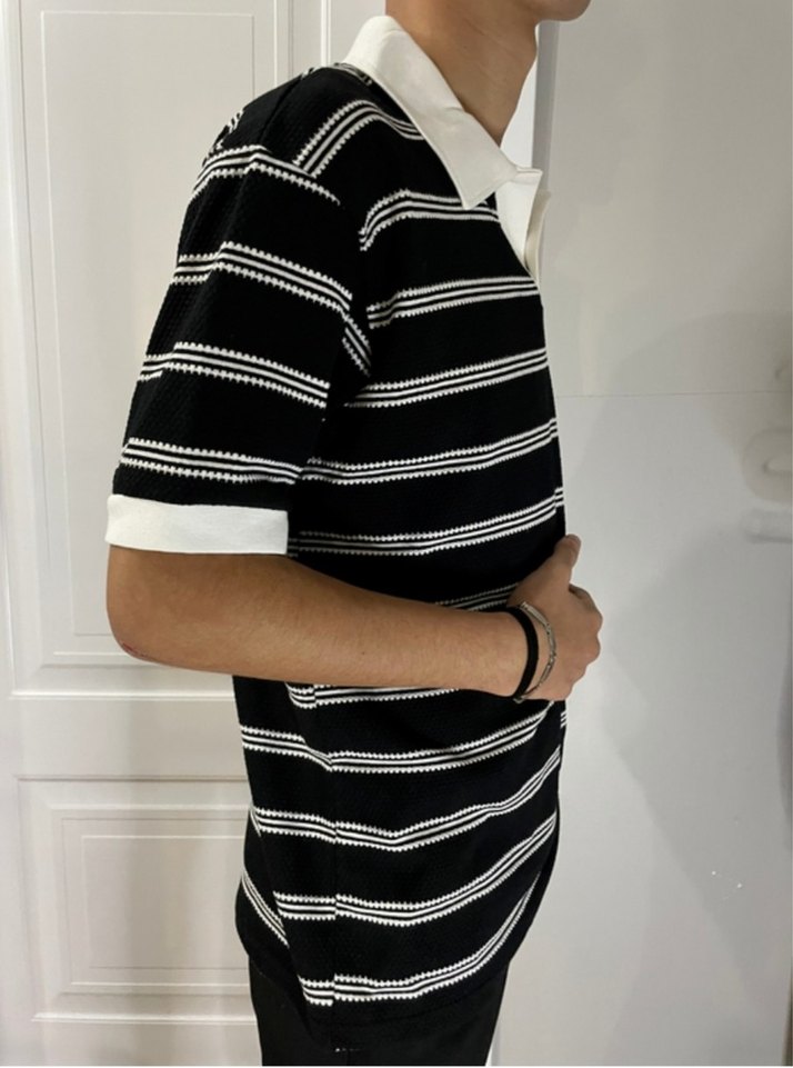 Erkek Siyah Beyaz Çizgili Polo Tişört - Görsel 5