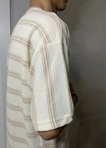 Bej Çizgili Erkek T-shirt - Görsel 4