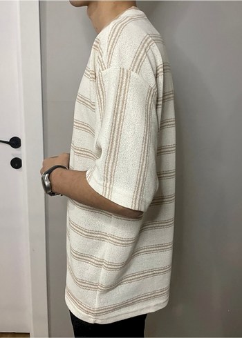 Bej Çizgili Erkek T-shirt - Görsel 5