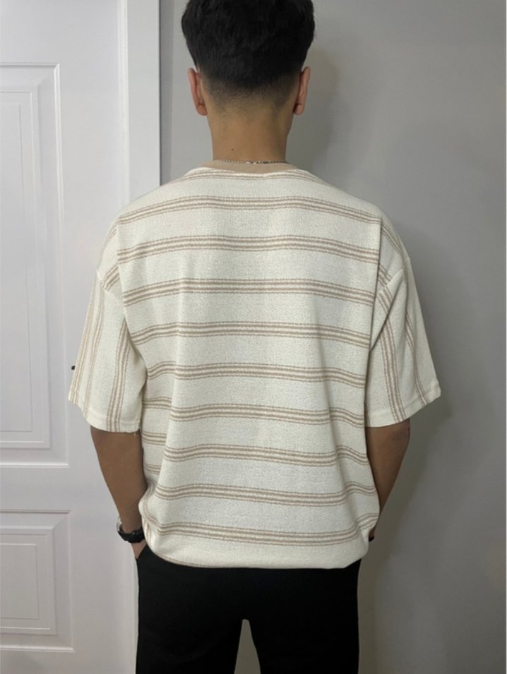 Bej Çizgili Erkek T-shirt - Görsel 2