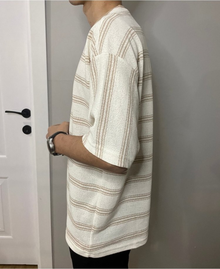 Bej Çizgili Erkek T-shirt - Görsel 5