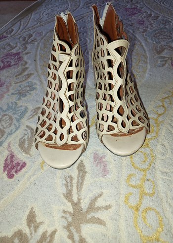 Bej kafes Desenli Dolgu Topuklu Kadın Sandalet - Görsel 2