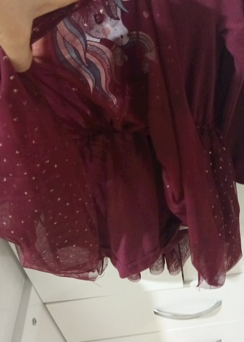 Bordo Uzun Kollu Kız Çocuk Elbise ikiz bebek - Görsel 4