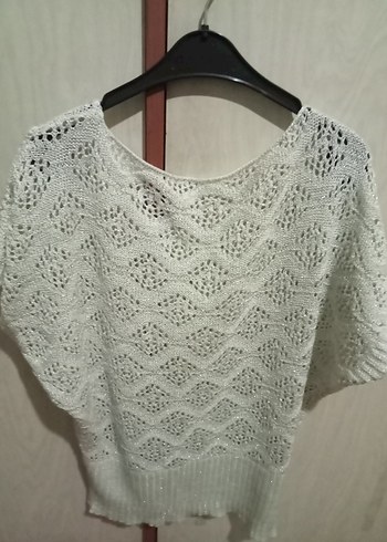 Beyaz triko Kısa Kollu Bohem simli süveter - Görsel 2