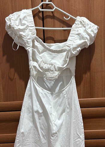 Beyaz Keten Midi Bohem Elbise - Görsel 2