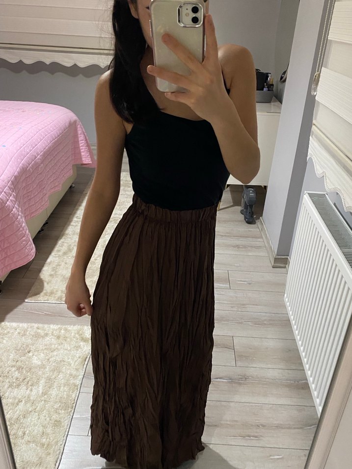 Kadın Kahverengi Pilili Uzun Etek - Görsel 2