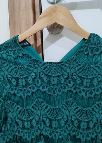 Diğer Koyu Yeşil Dantel Midi Bohem Elbise Tunik
